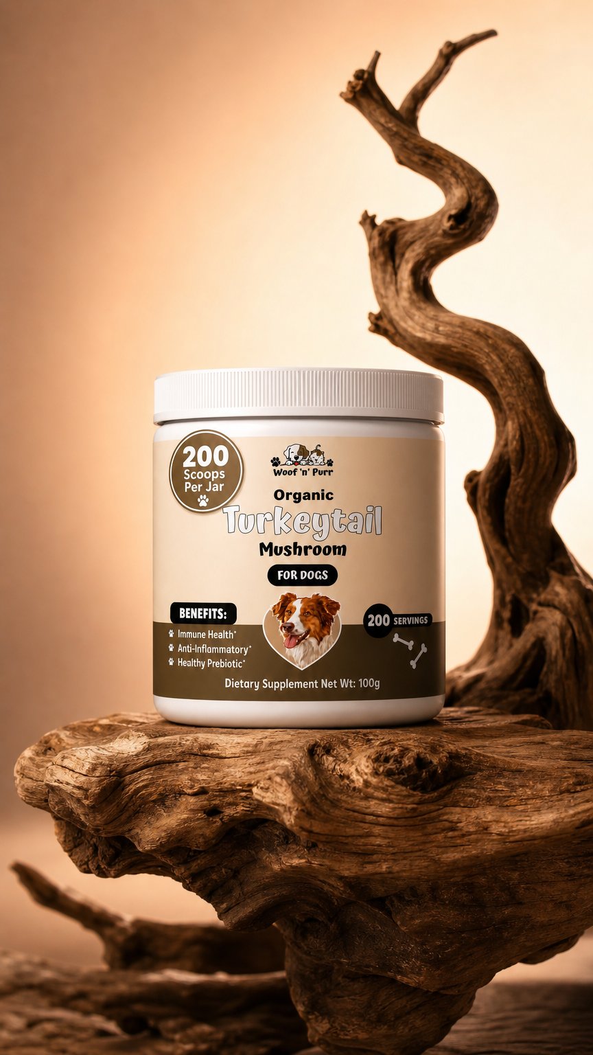 AI product shot of Turkey Tail Mushroom for Dogs – Immune Support Powder | 200 Servings