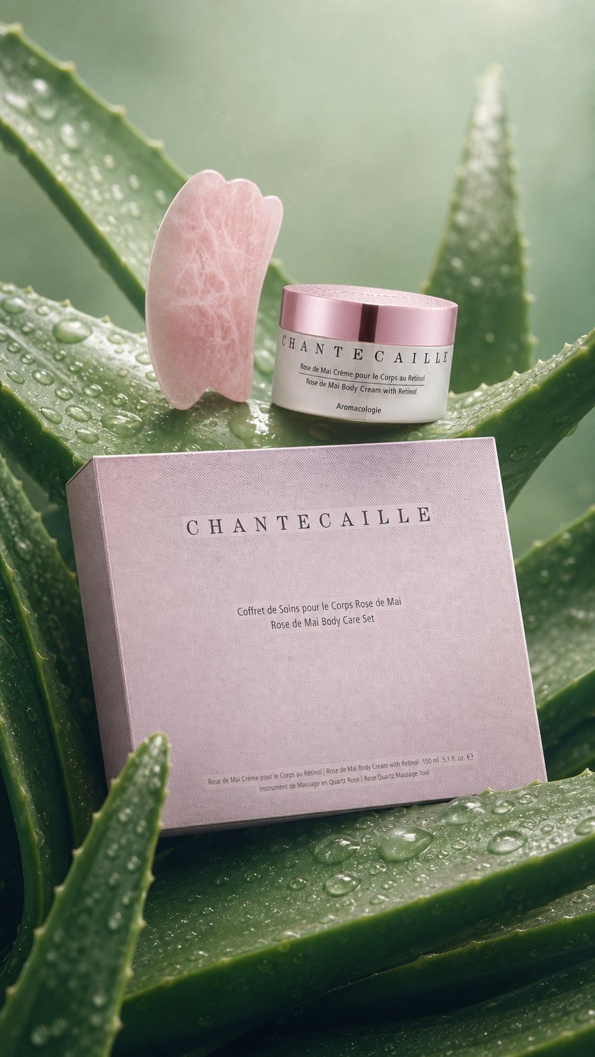 AI product shot of Rose de Mai Body Care Set