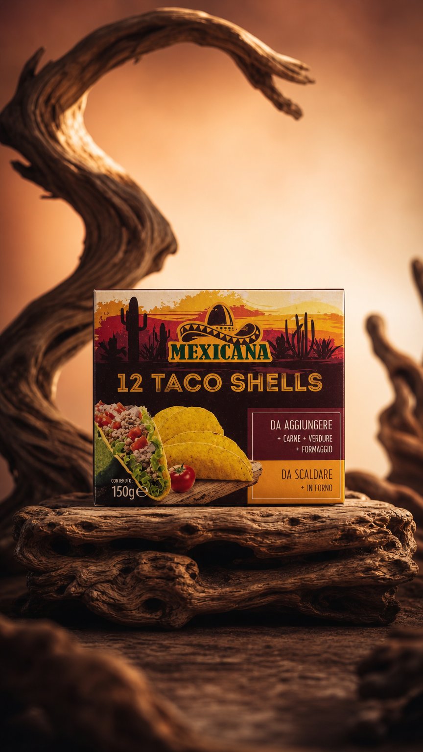 AI product shot of 12 Taco Shells 150g - Mexicana