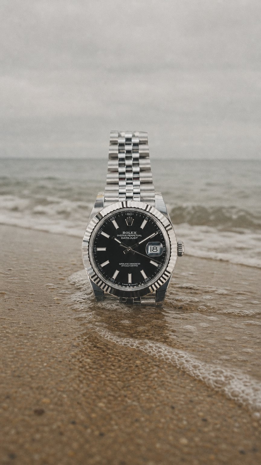 AI product shot of 2026 Rolex Datejust 41mm Black Dial Fluted Jubilee Steel 126334