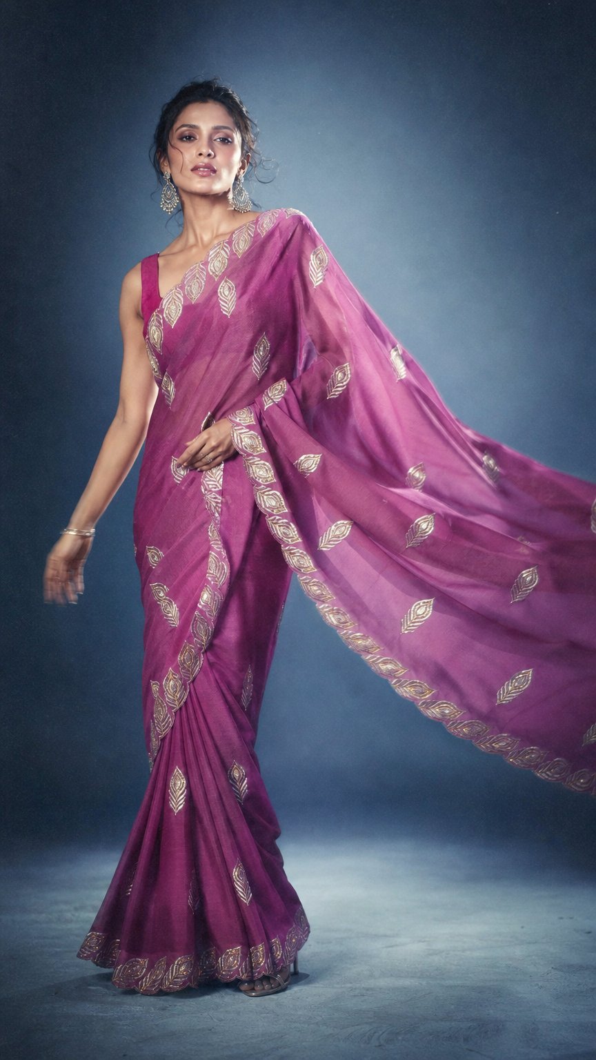 AI product shot of “Sitara Swag” – Soonyachi Star Georgette Sequence Saree