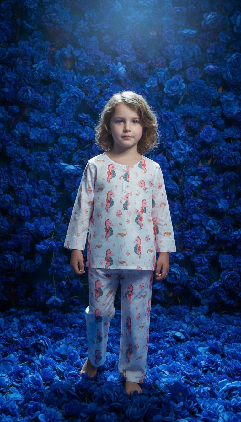 AI product shot of Seahorse Soiree Mul Kurta Pyjama Set Girls / Boys