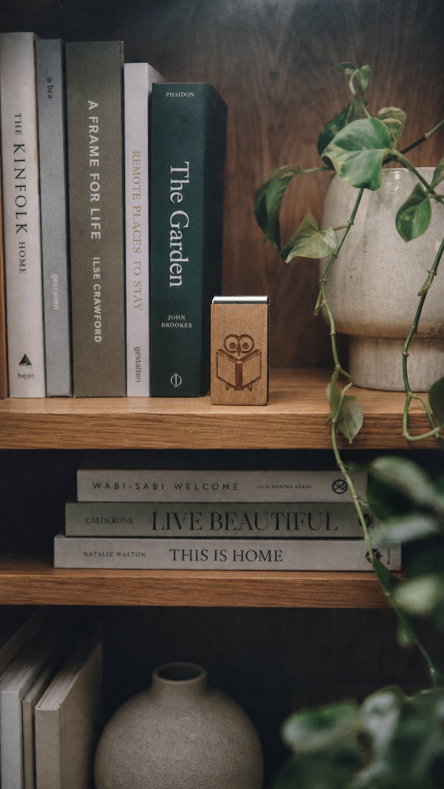 AI product shot of Lesezeichen Gravur Eule hinter Buch