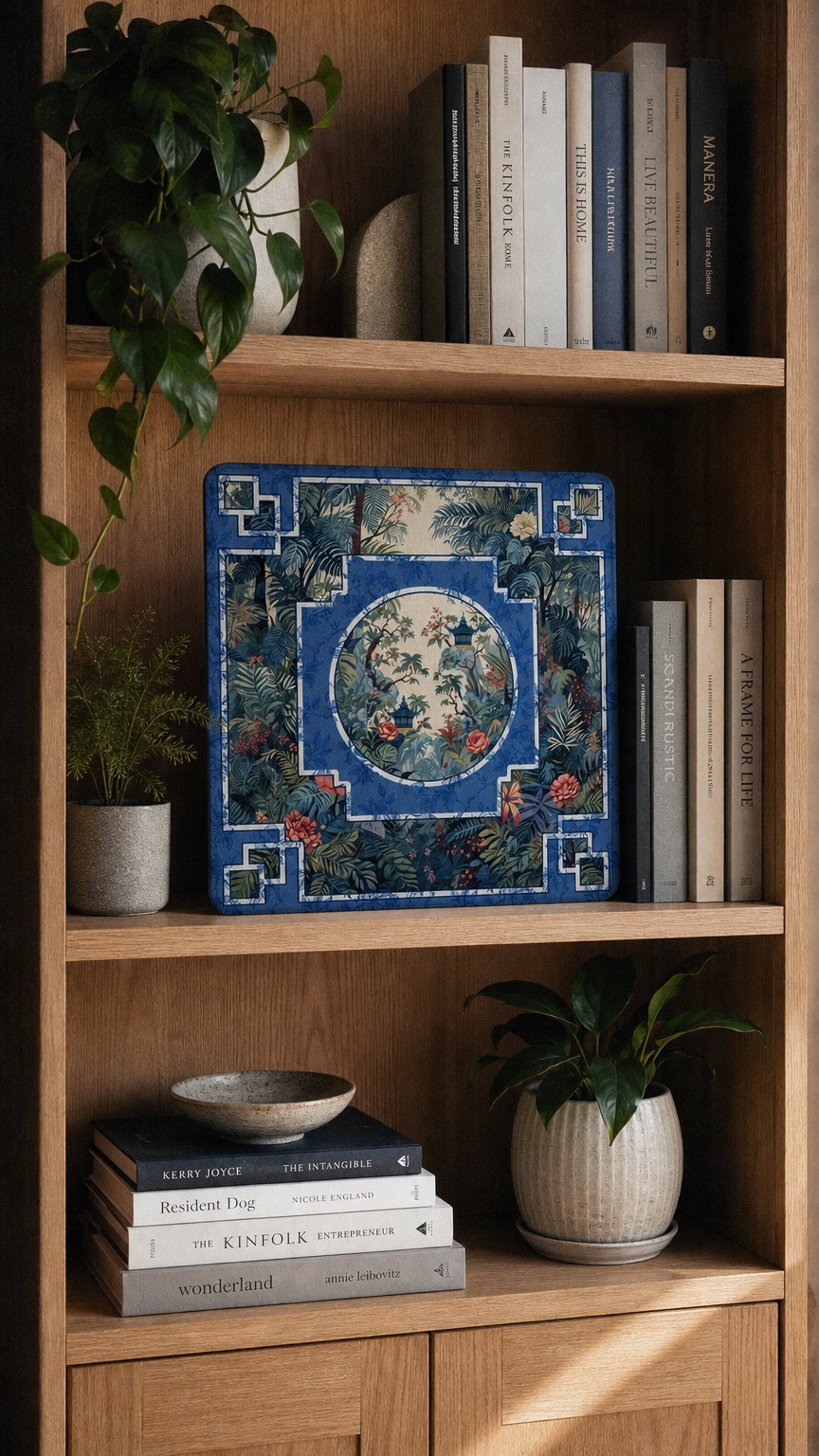 AI product shot of Mahjong Playing Mat with Chinoiserie design – Blue Floral Asian Garden, Non-Slip Surface