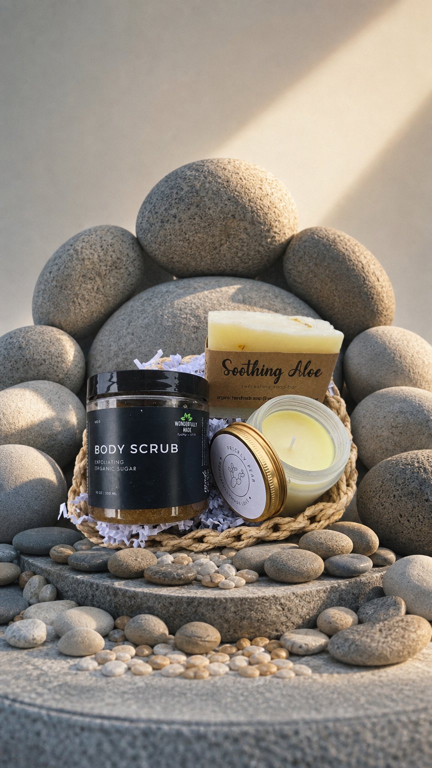 AI product shot of Gift Bundle Candle Soap Body Sugar Scrub Organic Minimalist Simple Modern