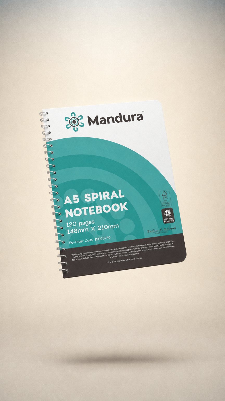 AI product shot of Mandura Spiral Notebook A5 120 Pages