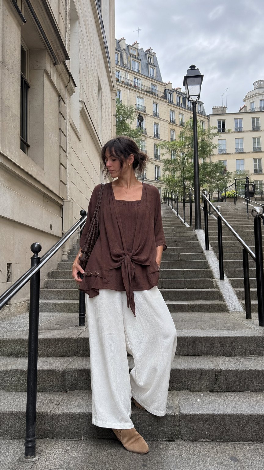 AI product shot of NEW COLOUR 3/4 Sleeve Swing Top in Chocolate