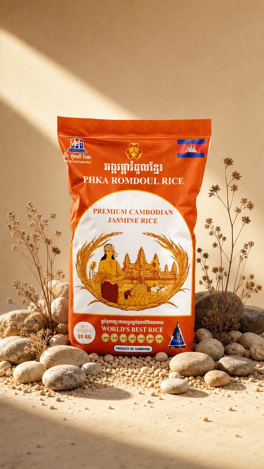 AI product shot of VET PHKA ROMDOUL JASMINE RICE 20 KG