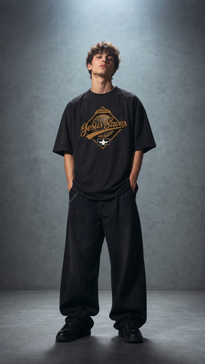 AI product shot of Vintage/Y2K Religious Jesus Saves Oversized T Shirt