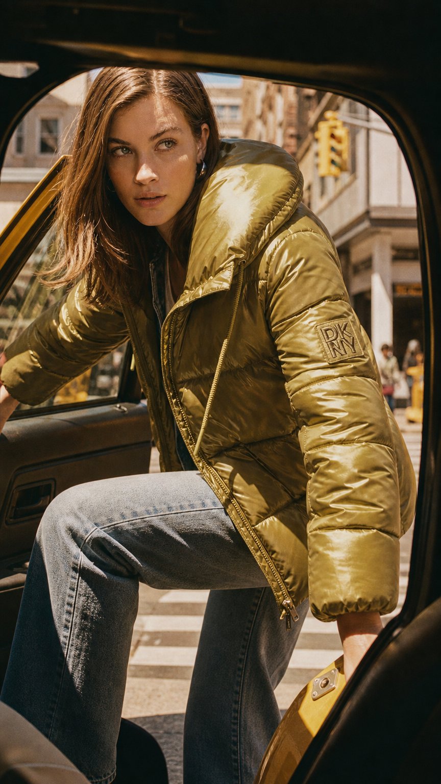 AI product shot of QUILTED PUFFER WITH DRAMA COLLAR