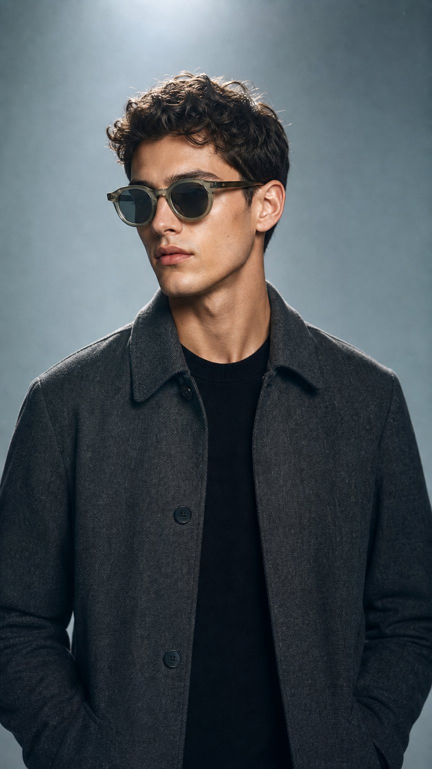 AI product shot of Custom Logo Mazzucchelli Acetate Sunglasses New Thick Frame in Green and Gray Handmade Italian Polish Round Bold Sun Glasses