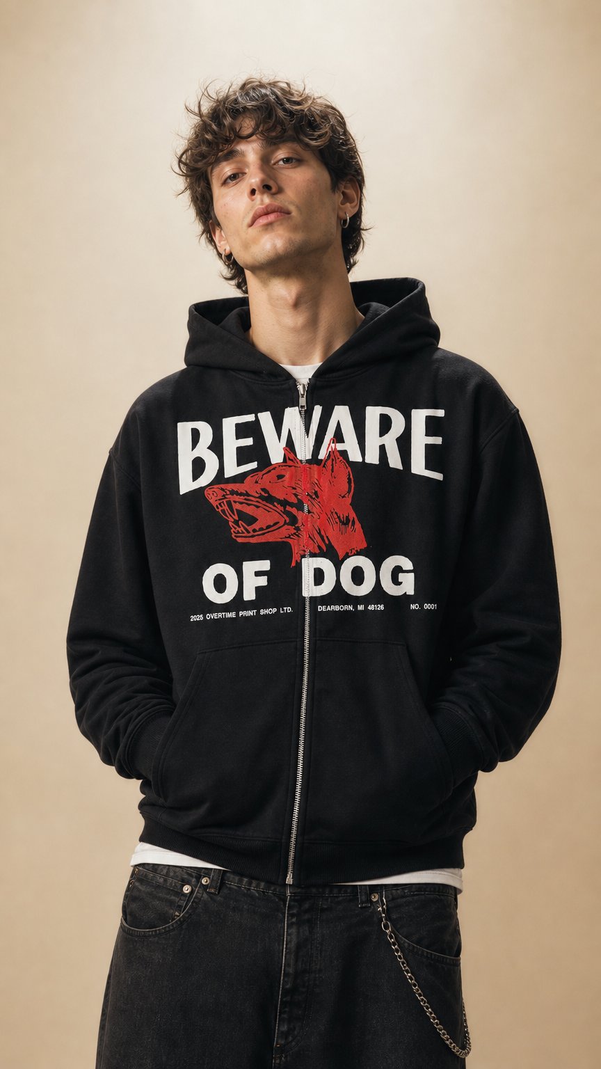 AI product shot of BEWARE OF DOG ZIP-UP HOODIE (BLACK)