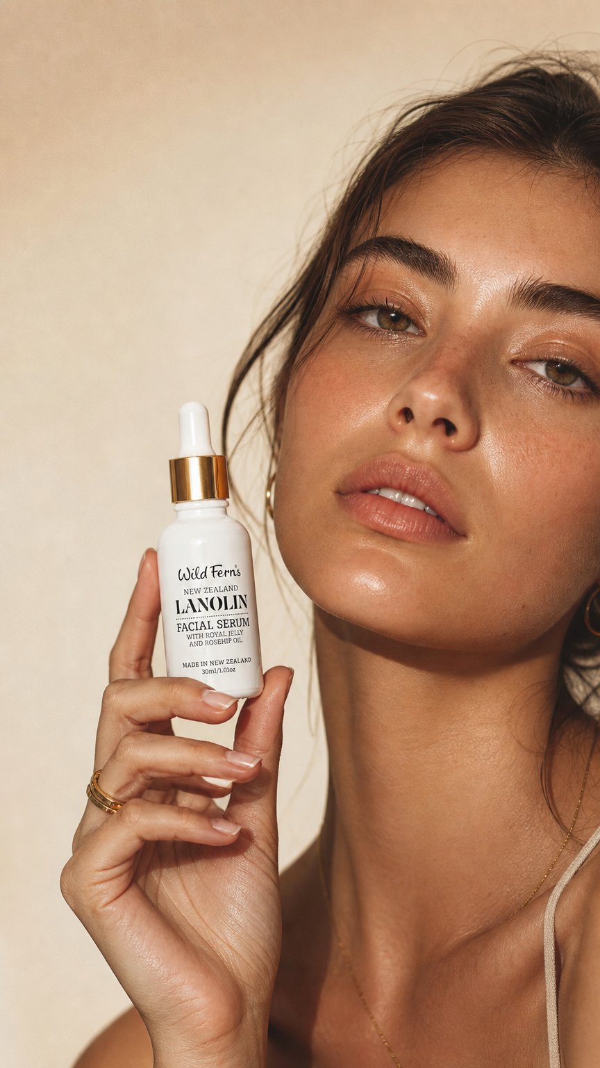 AI product shot of Lanolin Facial Serum with Royal Jelly and Rose Hip Oil, 30 ml