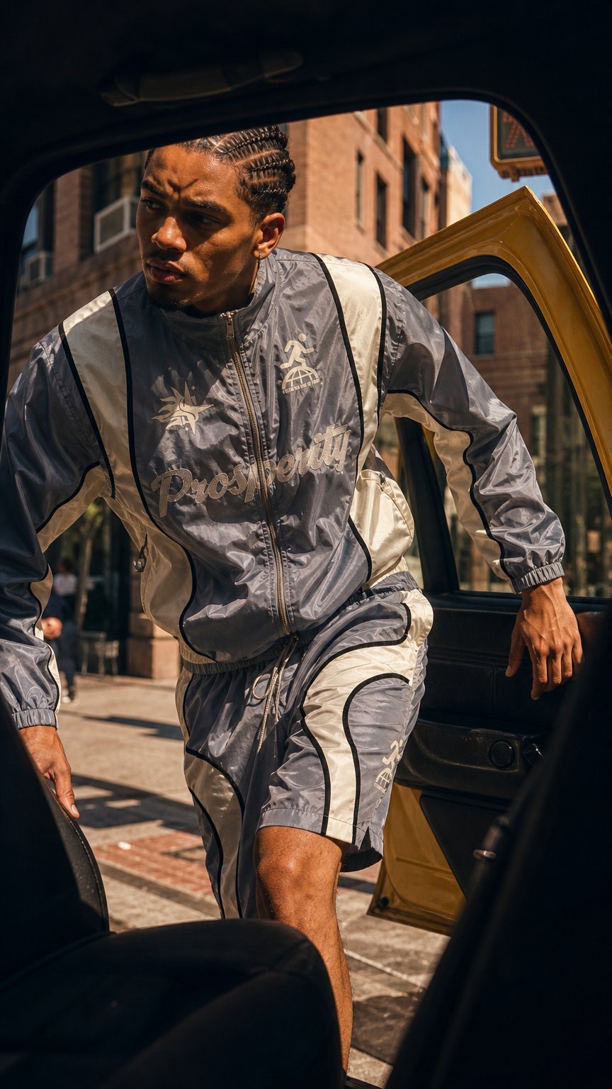 AI product shot of "The State Of Being Prosperous" Windbreaker Set