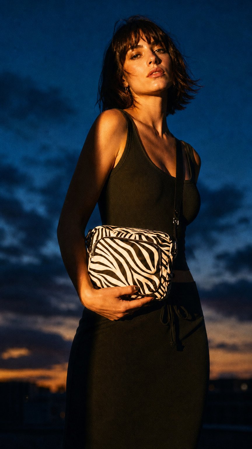 AI product shot of Borsa Coconuda Zebrata in Nylon con Stampa Animalier