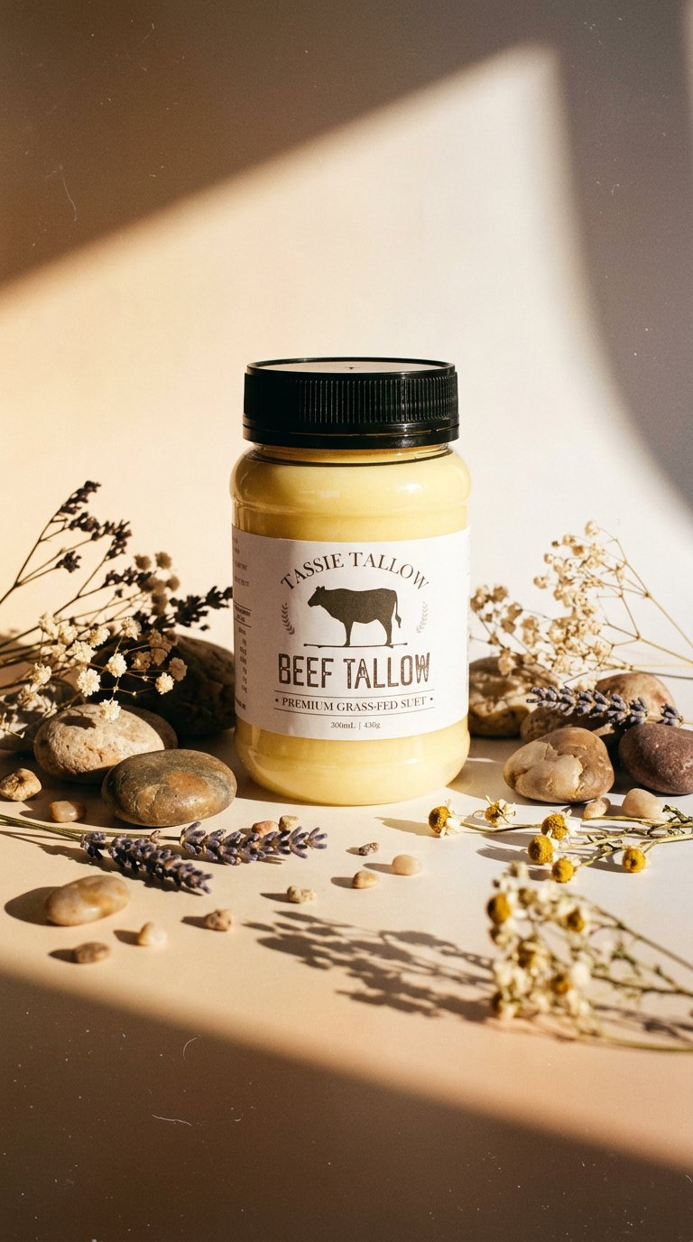 AI product shot of Beef Tallow | Tasmanian Grass-Fed | 500mL PET Jar