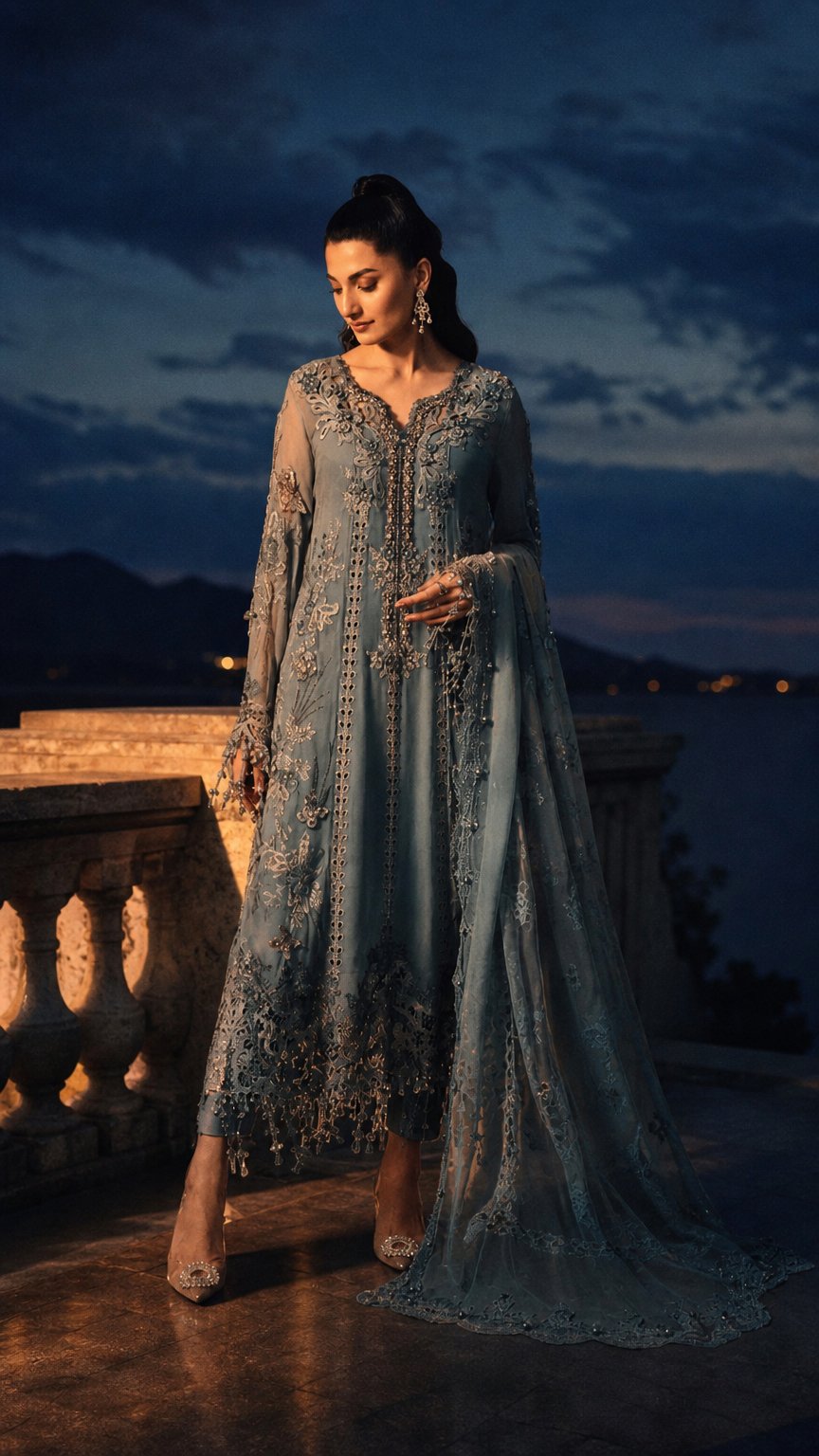 AI product shot of 3 Piece Unstitched Embroidered Chiffon Suit