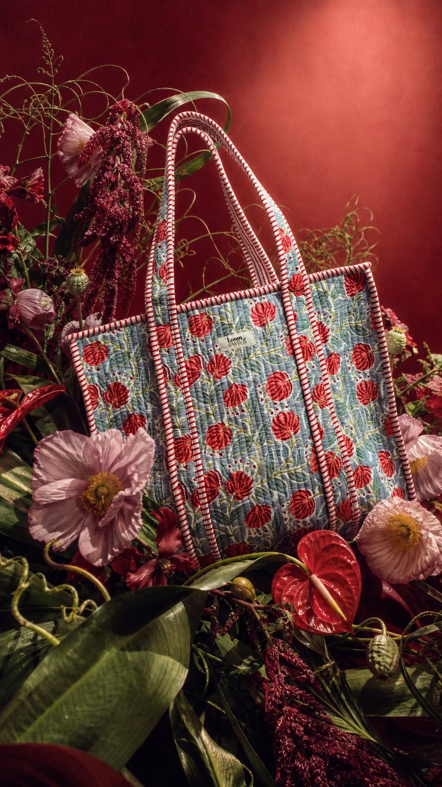 AI product shot of The Hawthorn Floral Quilted Tote