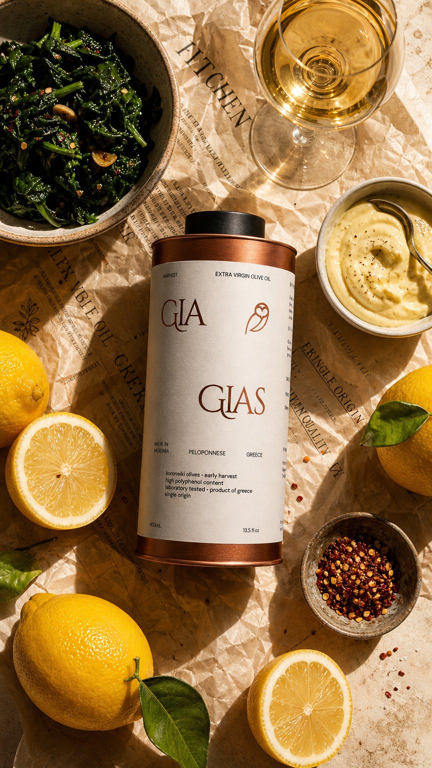 AI product shot of GIAGIAS Greek Extra Virgin Olive Oil
