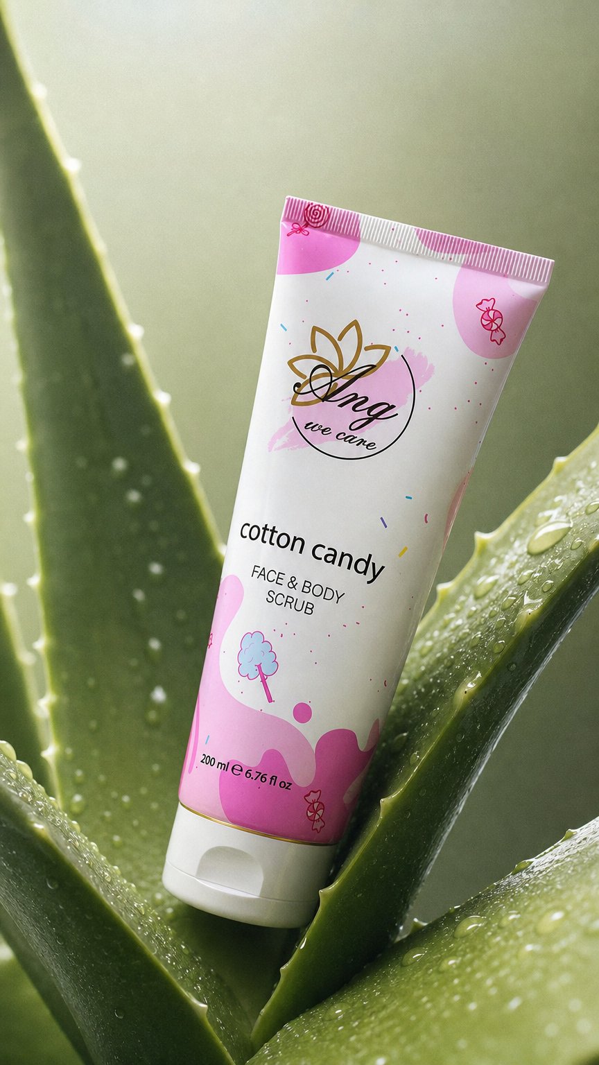 AI product shot of ANG Face & Body Scrub — Cotton Candy