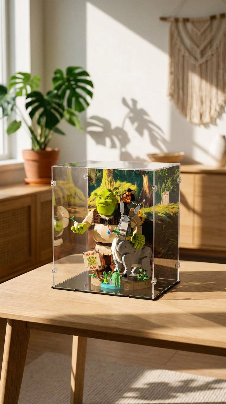 AI product shot of Shrek, Donkey & Puss in Boots Display Case for LEGO 72423