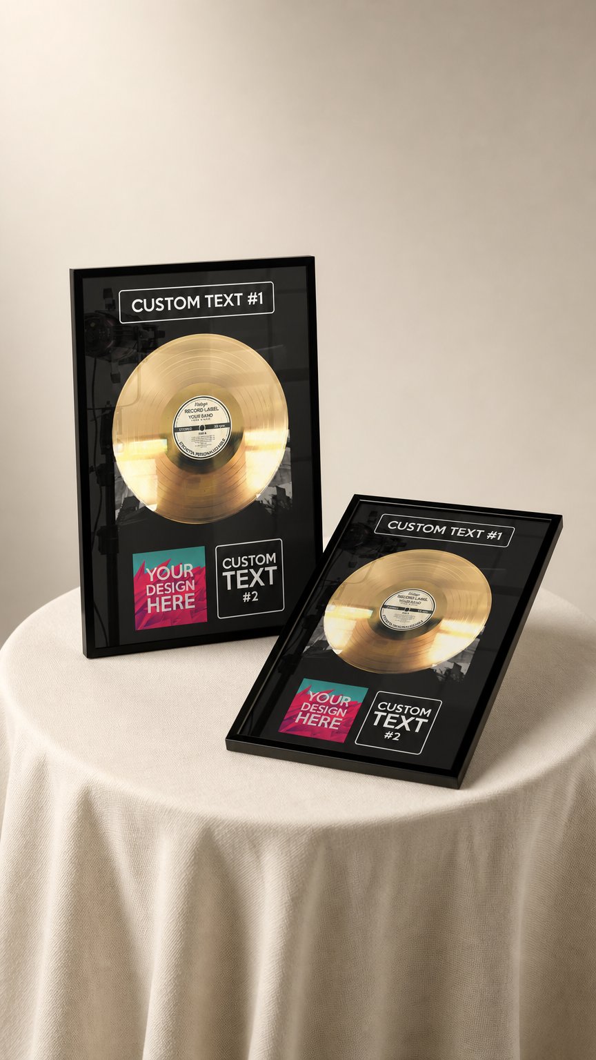 AI product shot of GOLD or PLATINUM record with custom label, record cover and custom text