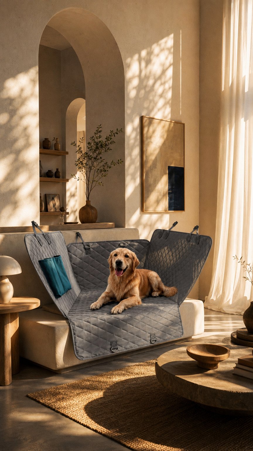 AI product shot of Hunde-Autoschondecke – Wasserdicht mit Sichtfenster