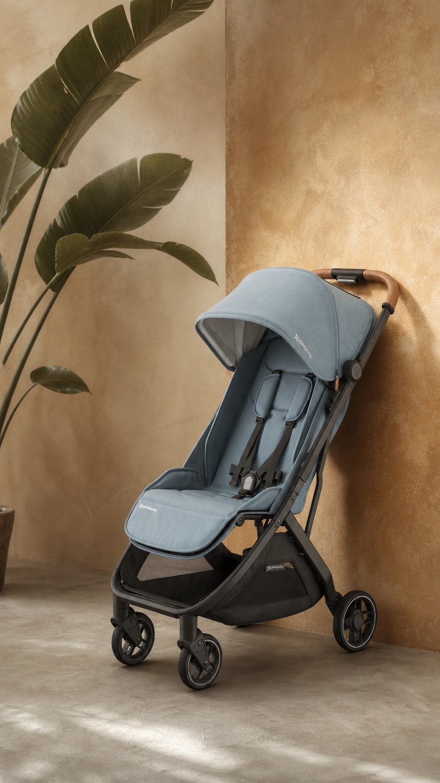 AI product shot of UPPAbaby Minu V3 Stroller - Dillan (Blue / Carbon / Sand Leather)