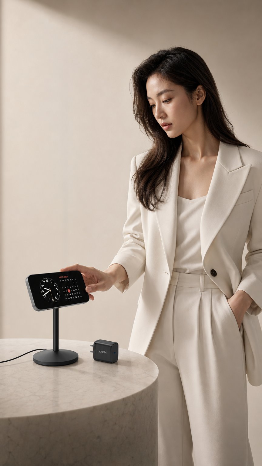 AI product shot of Anker MagGo iPhone 17 MagSafe Charger Compatible Stand (Qi2 15W,With Adapter)