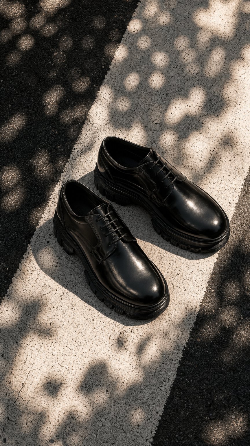 AI product shot of BRIO Genuine Leather chunky Glossy Shoes – Black