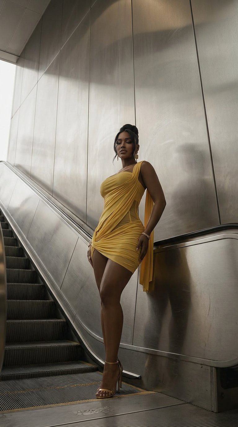 AI product shot of Scarlett Yellow Mesh Asymmetrical Ruched Mini Dress
