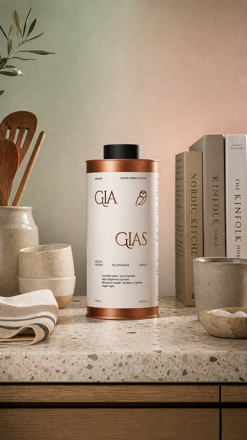 AI product shot of GIAGIAS Greek Extra Virgin Olive Oil