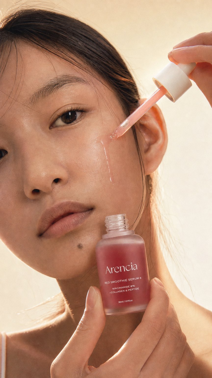 AI product shot of Arencia Fresh Red Smoothie 8 Serum 30ml.– Ενυδατικός ορός προσώπου με 8% Νιασιναμίδη