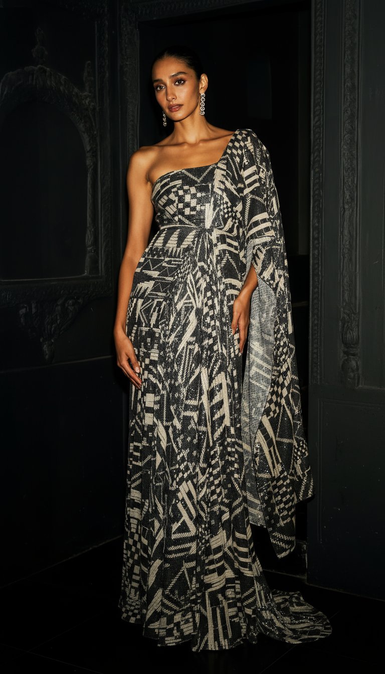 AI product shot of MONOCHROME SEQUIN SARI DRAPE GOWN