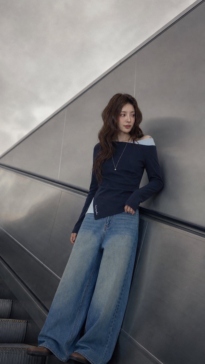 AI product shot of Kaoka – Deep Navy Asymmetrical Off-Shoulder Faux Two-Piece Long Sleeve Top