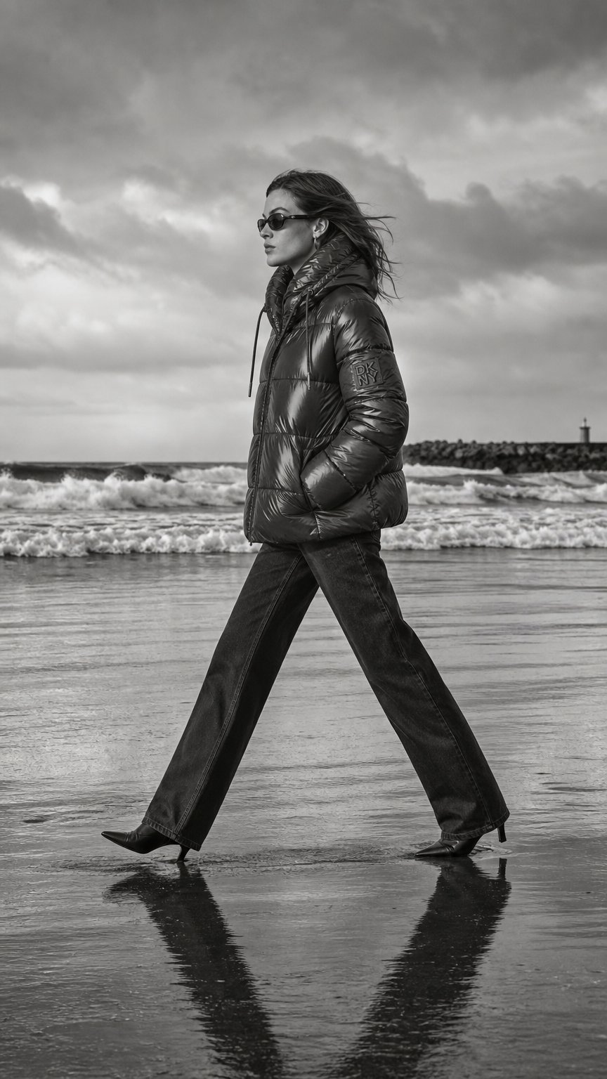 AI product shot of QUILTED PUFFER WITH DRAMA COLLAR