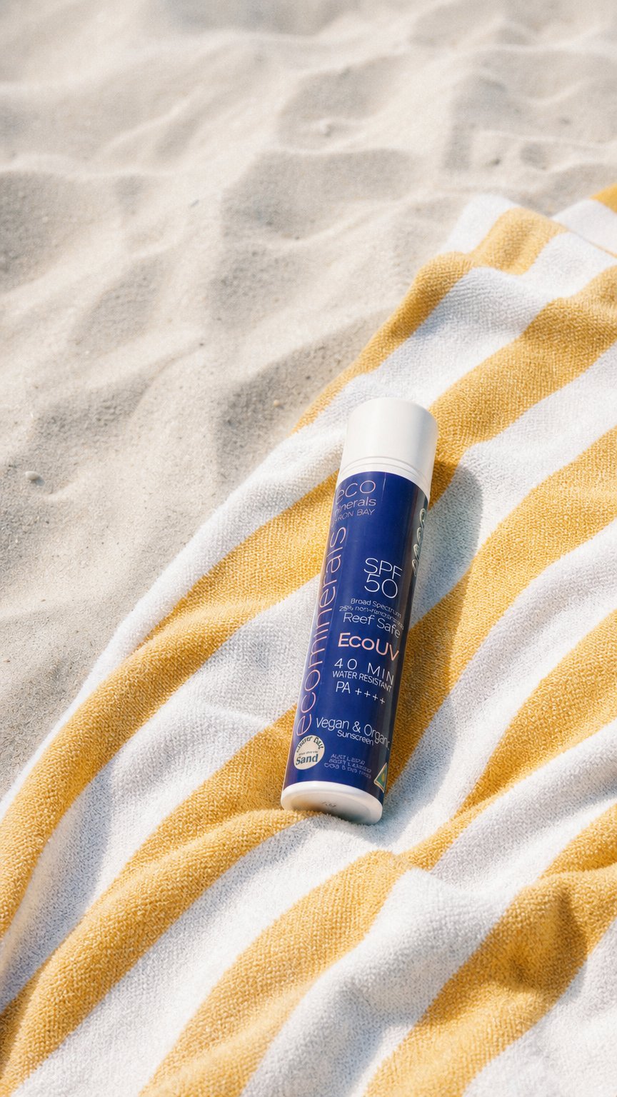 AI product shot of NEW Eco Minerals 'EcoUV' Certified Organic Sunscreen – Pure Protection, Naturally