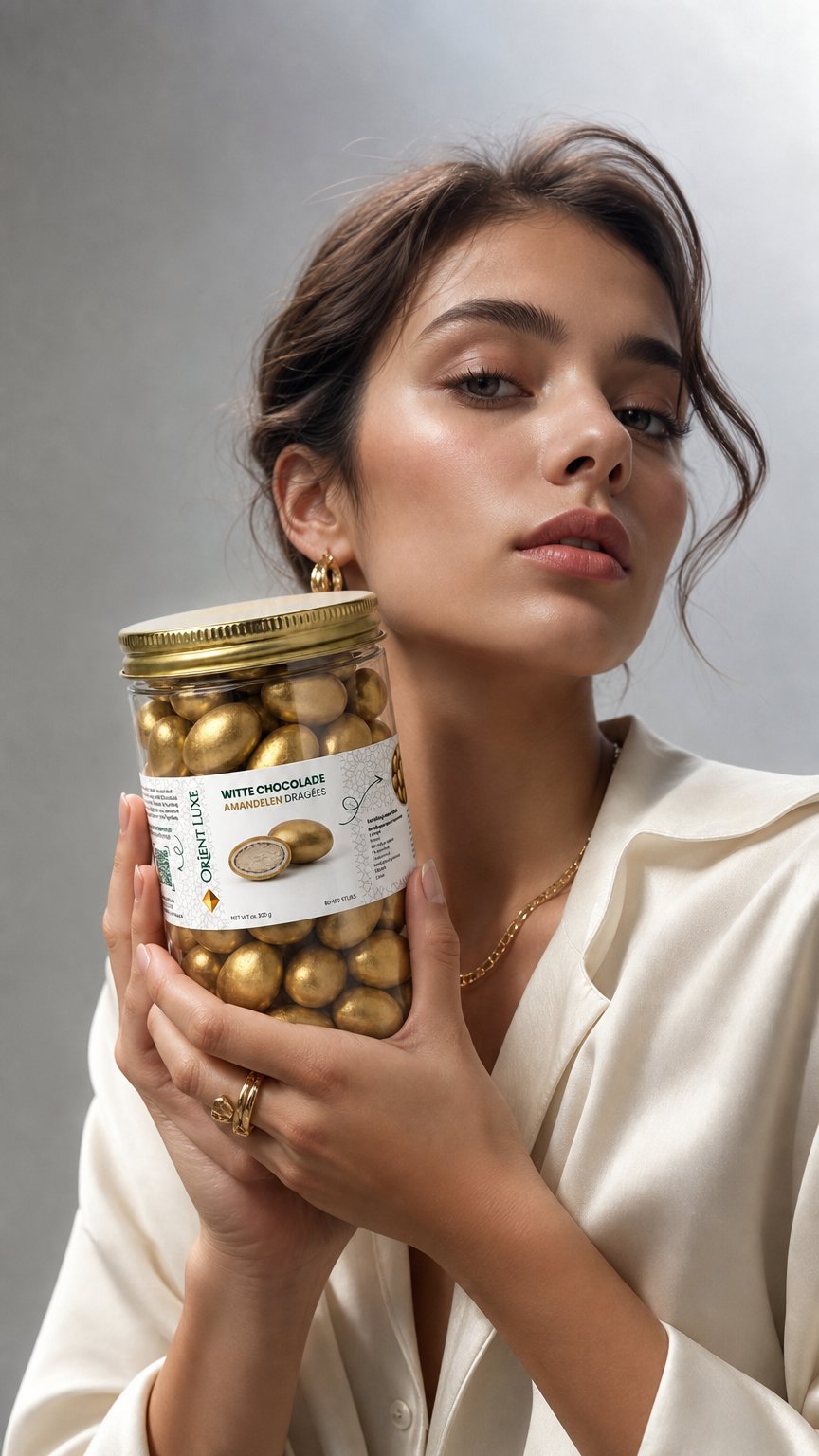 AI product shot of Witte Chocolade Amandelen Gouden Dragee 300g