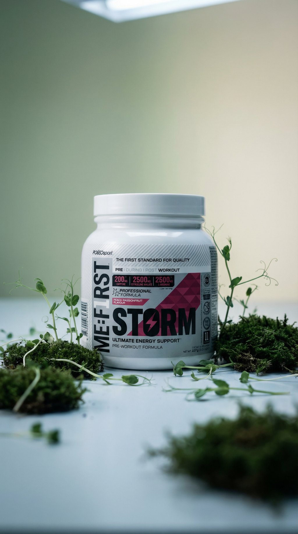 AI product shot of Pre Workout Me:First STORM 227 g – Peach & Passionfruit