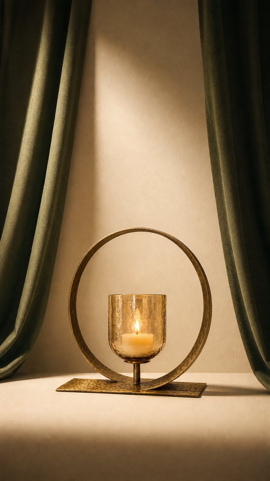 AI product shot of Sculptural Brass Votive Holder with Amber Cup