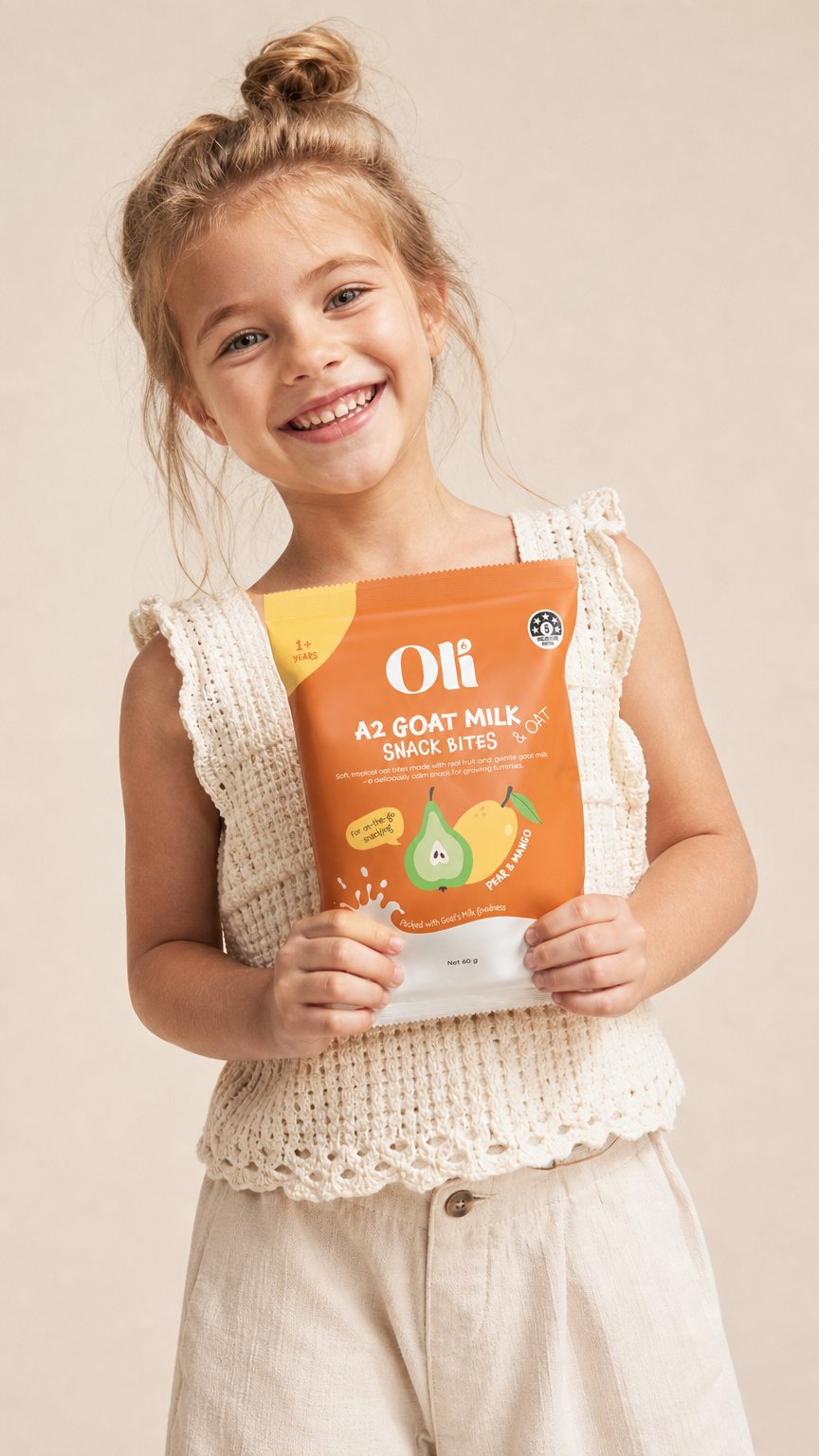 AI product shot of Goat & Oat Snack Bites in Pear & Mango
