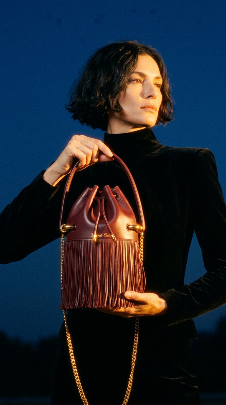 AI product shot of FRINGED BUCKET BAG