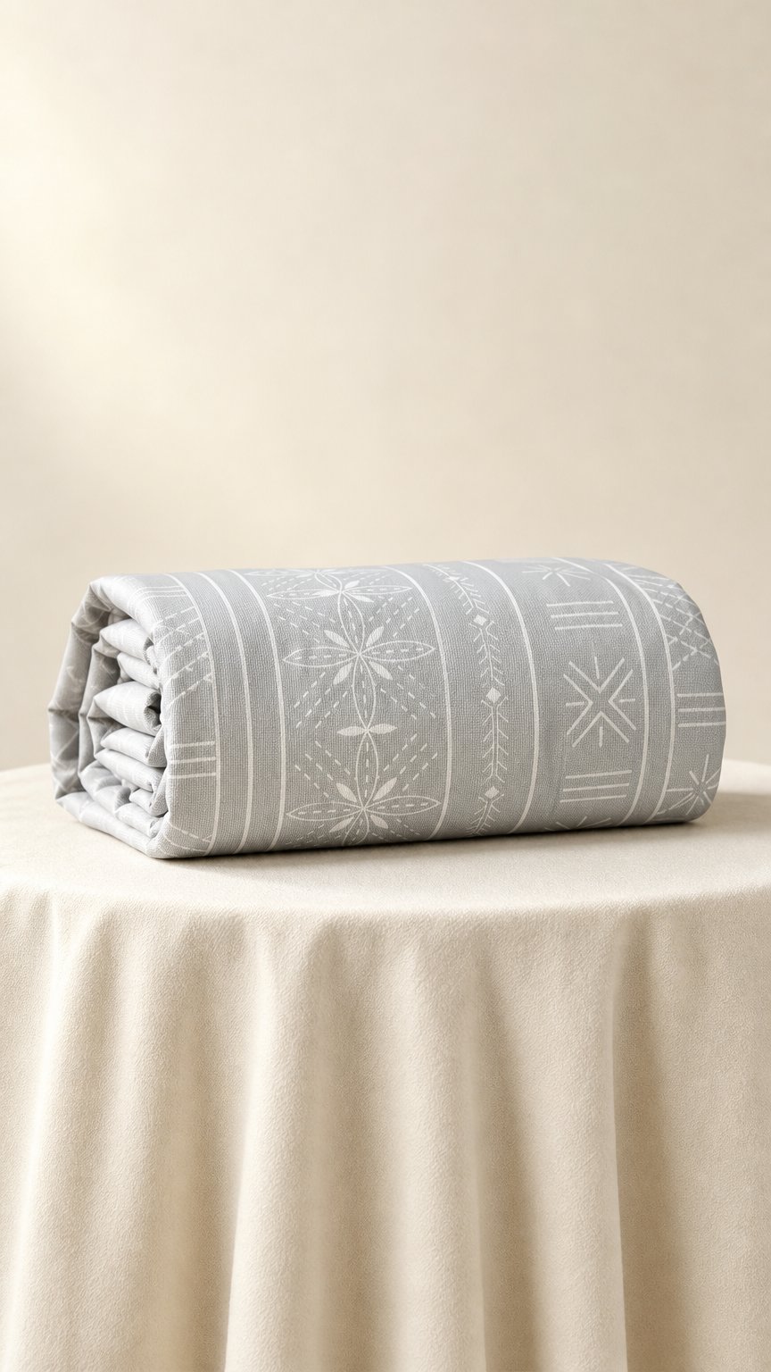 AI product shot of Pasefika Curtains - WHITE ON GRAY