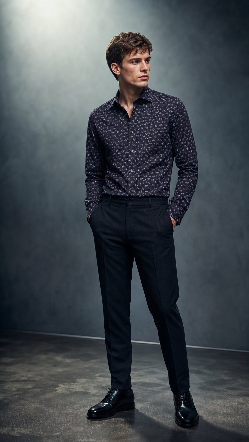 AI product shot of Guide London Navy Micro Floral Print Long Sleeve Button Up Shirt