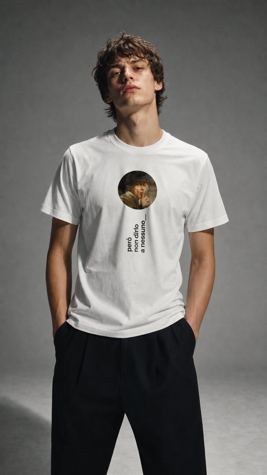 AI product shot of t-shirt però non dirlo a nessuno