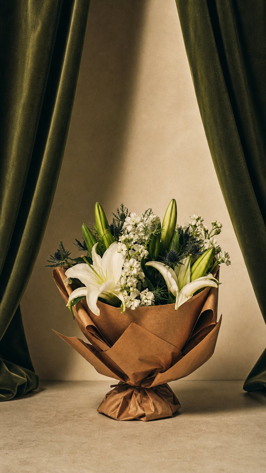 AI product shot of White Lily Bouquet