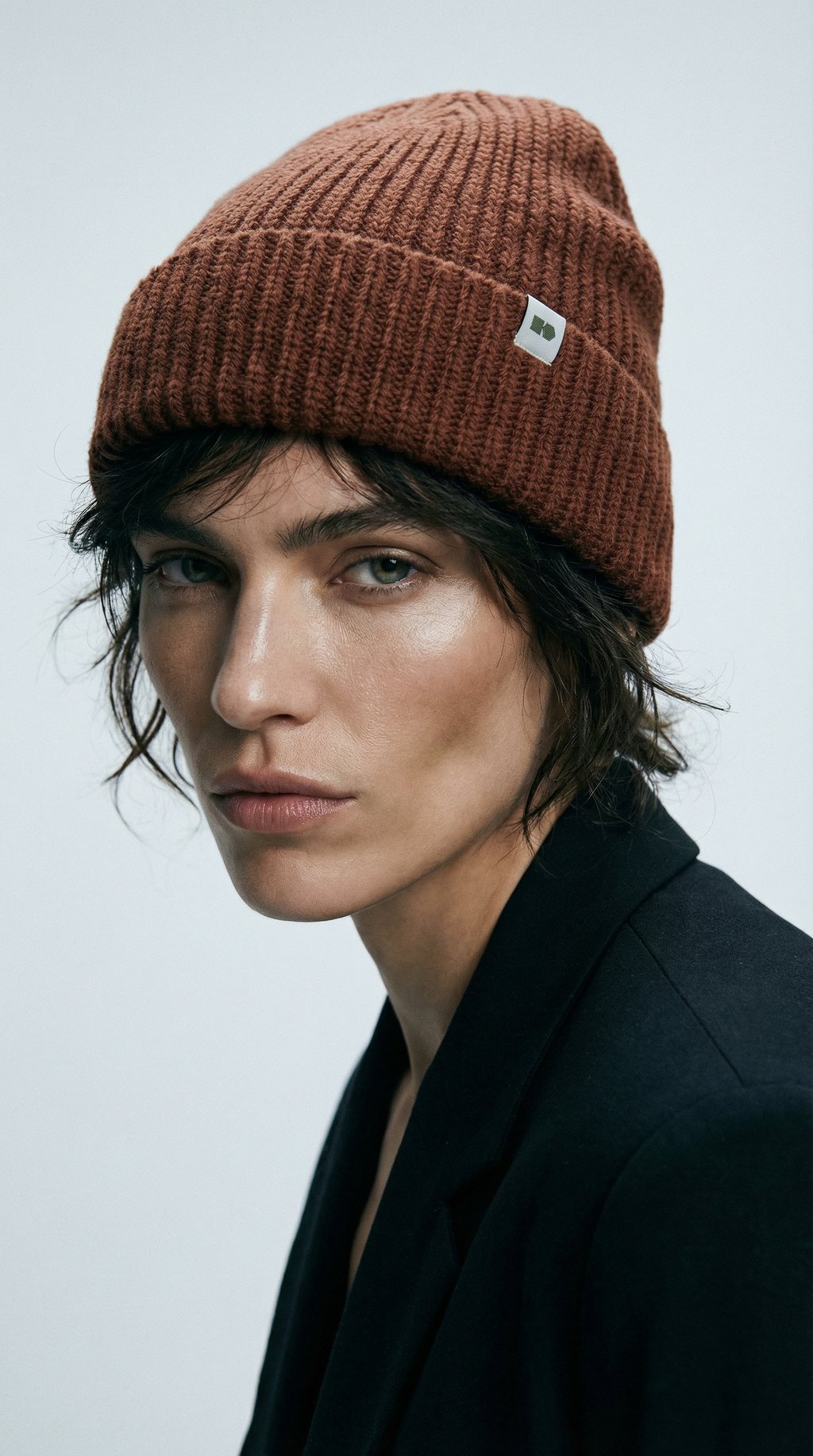 AI product shot of Hemp-cotton beanie with a small logo (brown)