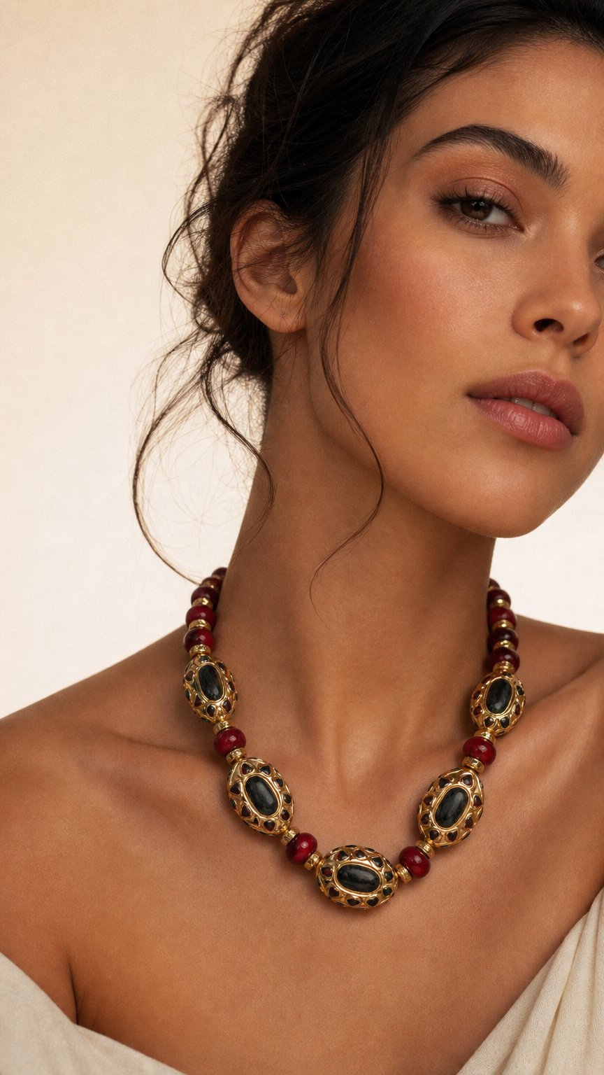 AI product shot of Navarro Official Malachite and Cherry Jade Necklace