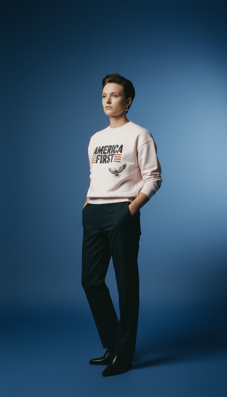 AI product shot of America First Crew Sweatshirt - Premium Cotton Fleece | Sustainable Patriotic Apparel