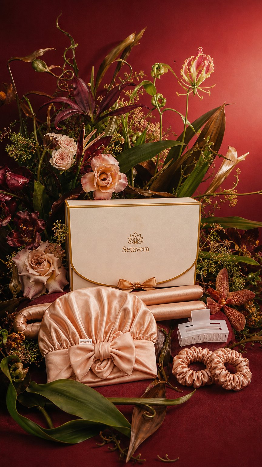 AI product shot of Kit Setavera – Bonnet, Heatless Curler e Scrunchie in Seta Mulberry 22 Momme